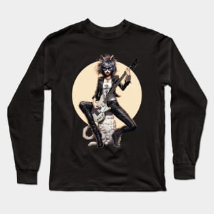 Cat Lady Rockstar: Black & White Comic-inspired Cartoon Music Long Sleeve T-Shirt